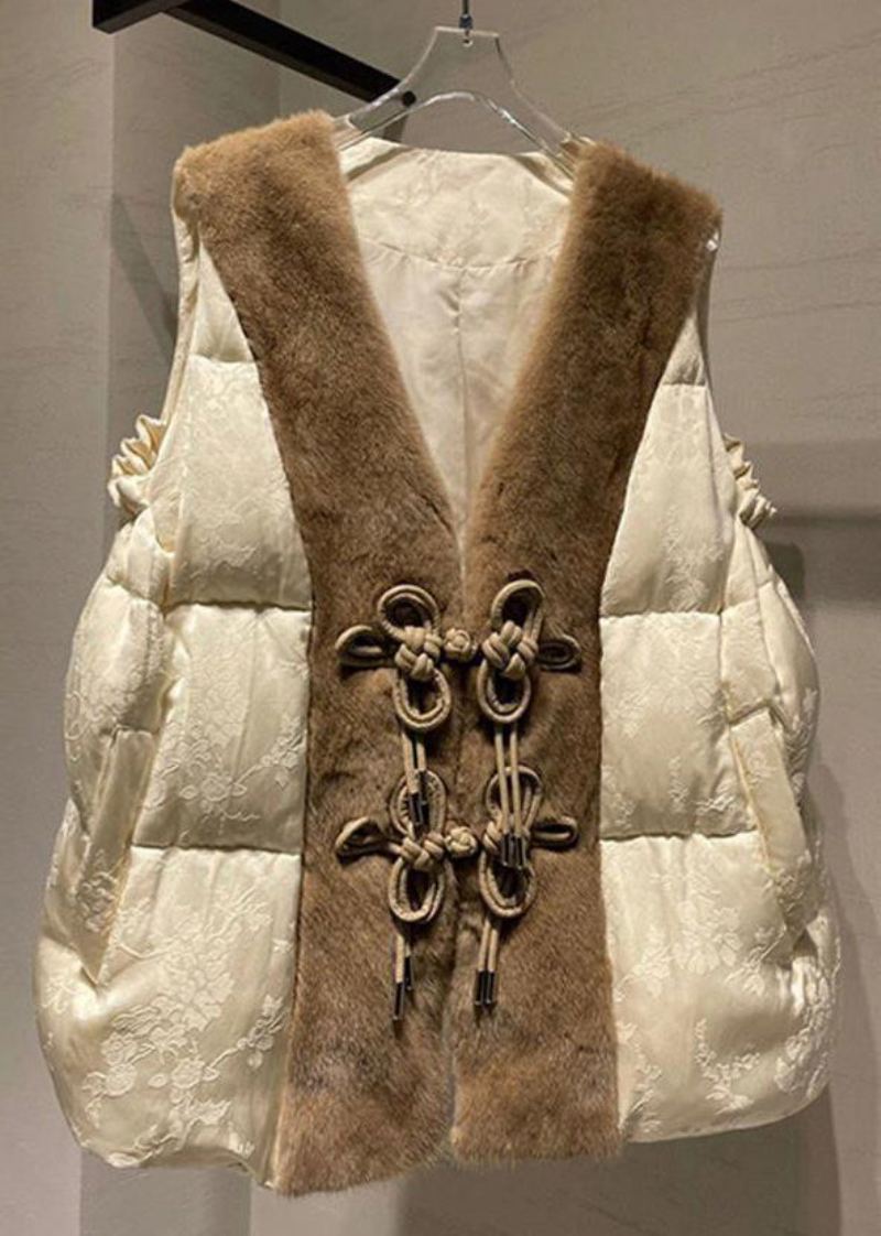 Gilet Ample En Duvet De Canard Bouton Beige Poils De Vison Patchwork Sans Manches - Manteaux d'hiver femmes