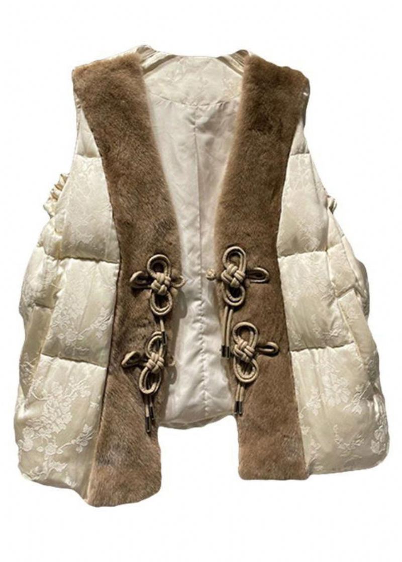 Gilet Ample En Duvet De Canard Bouton Beige Poils De Vison Patchwork Sans Manches - Manteaux d'hiver femmes