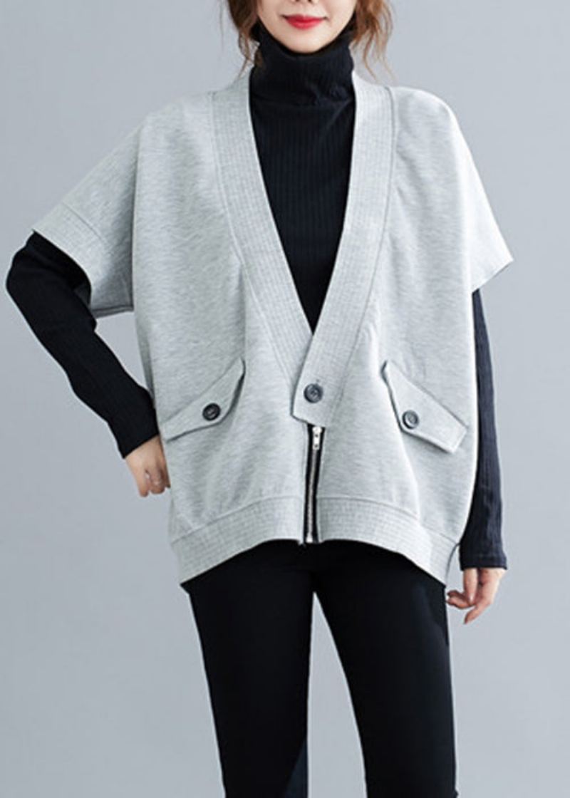 Gilet Ample Gris En Coton Avec Boutons Zippés Et Patchwork Automne - Manteaux d'hiver femmes