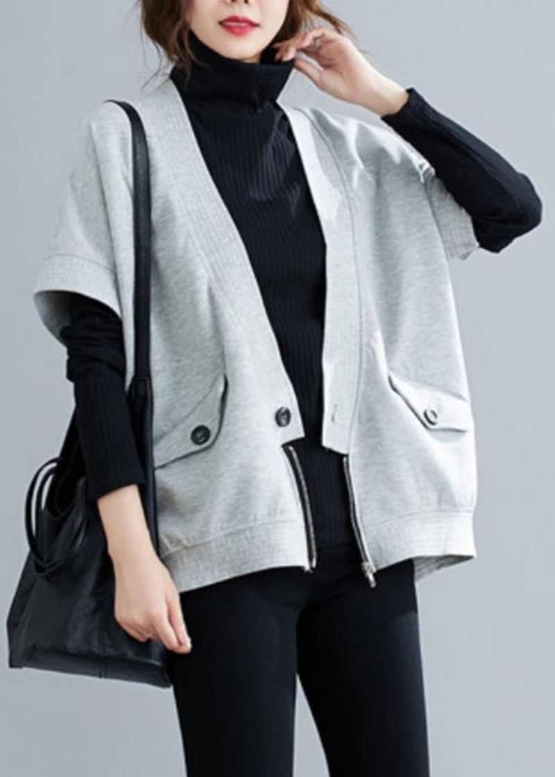 Gilet Ample Gris En Coton Avec Boutons Zippés Et Patchwork Automne - Manteaux d'hiver femmes