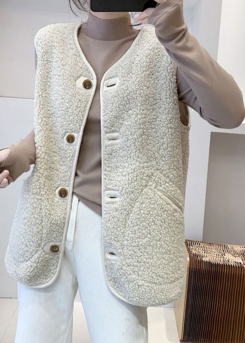 Gilet Beige Fausse Fourrure Boutonné Col V Automne