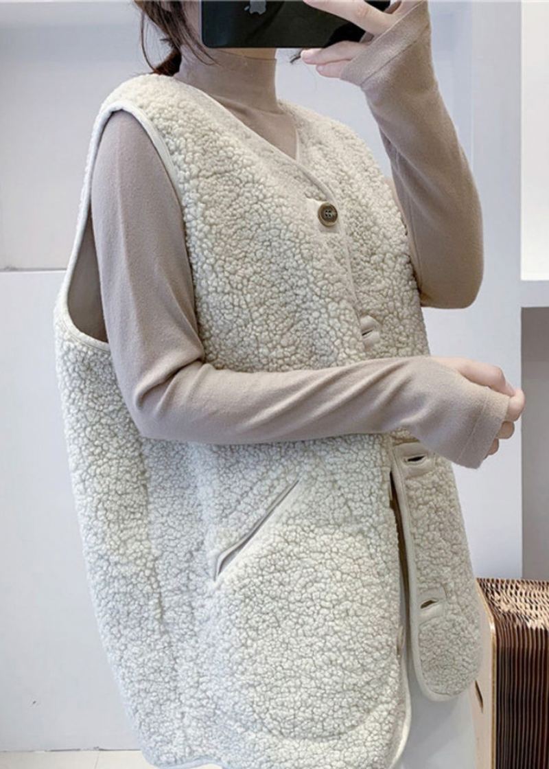 Gilet Beige Fausse Fourrure Boutonné Col V Automne - Beige