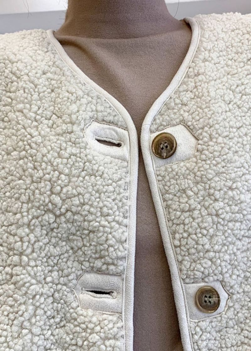 Gilet Beige Fausse Fourrure Boutonné Col V Automne - Beige