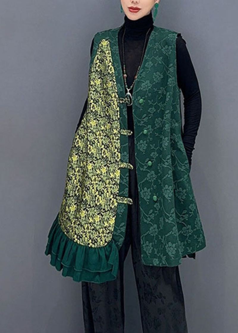 Gilet Bouton Patchwork Asymétrique Vert Vintage Automne