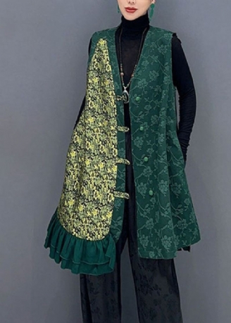 Gilet Bouton Patchwork Asymétrique Vert Vintage Automne