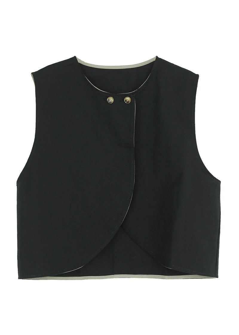 Gilet Boutonné Noir Simple À Col Rond Sans Manches - Manteaux d'hiver femmes