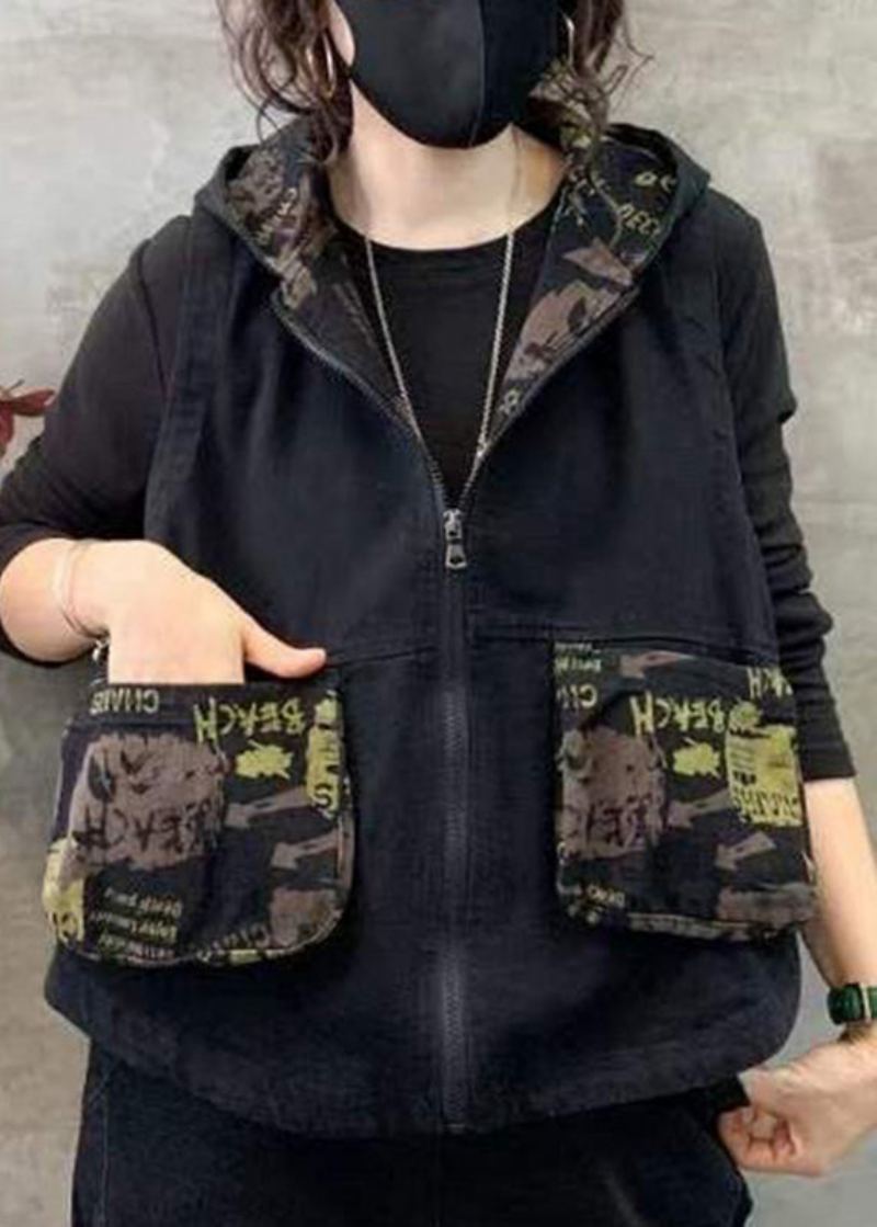 Gilet À Capuche Ample Vert Patchwork Automne - Vert