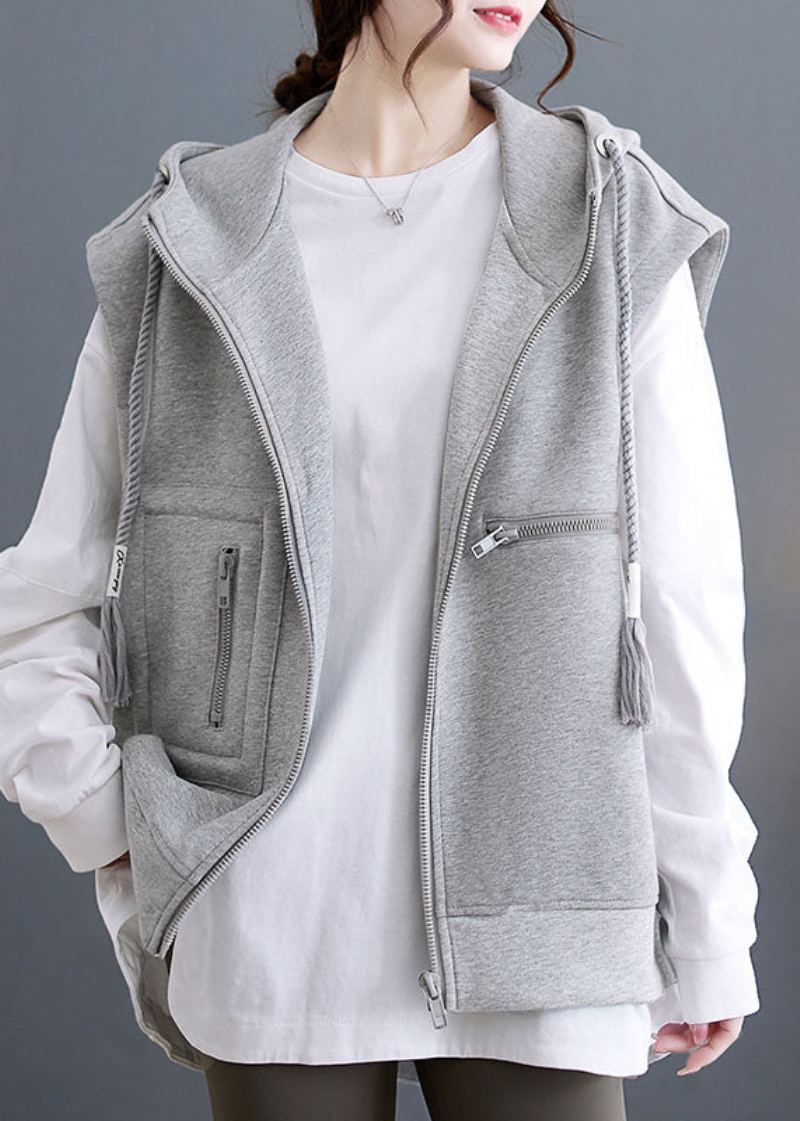 Gilet À Capuche Avec Cordon De Serrage Et Fermeture Éclair Gris - Gris