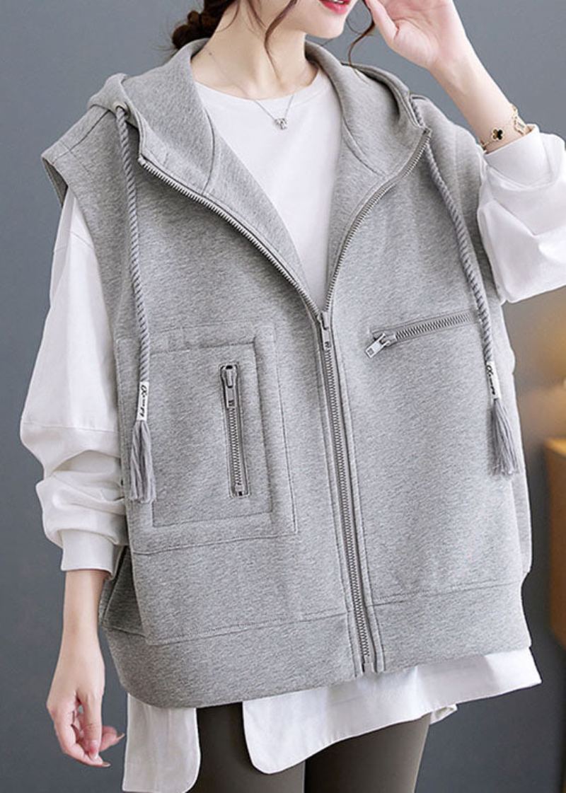 Gilet À Capuche Avec Cordon De Serrage Et Fermeture Éclair Gris - Gris