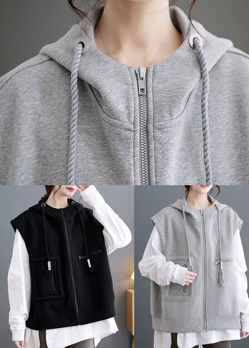 Gilet À Capuche Avec Cordon De Serrage Et Fermeture Éclair Gris - Gris