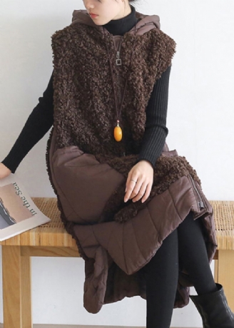 Gilet À Capuche En Laine Et Coton Poches Zippées Couleur Chocolat Grande Taille Sans Manches