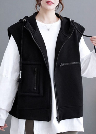 Gilet À Capuche Noir Avec Poches En Patchwork De Grande Taille Automne