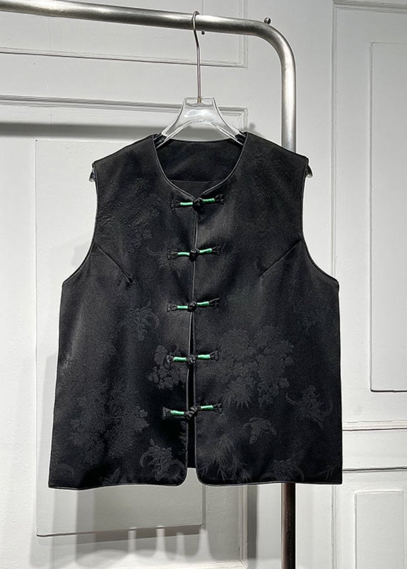 Gilet Col Mandarin Noir À Col Rond Et Boutons Printemps - Manteaux d'hiver femmes