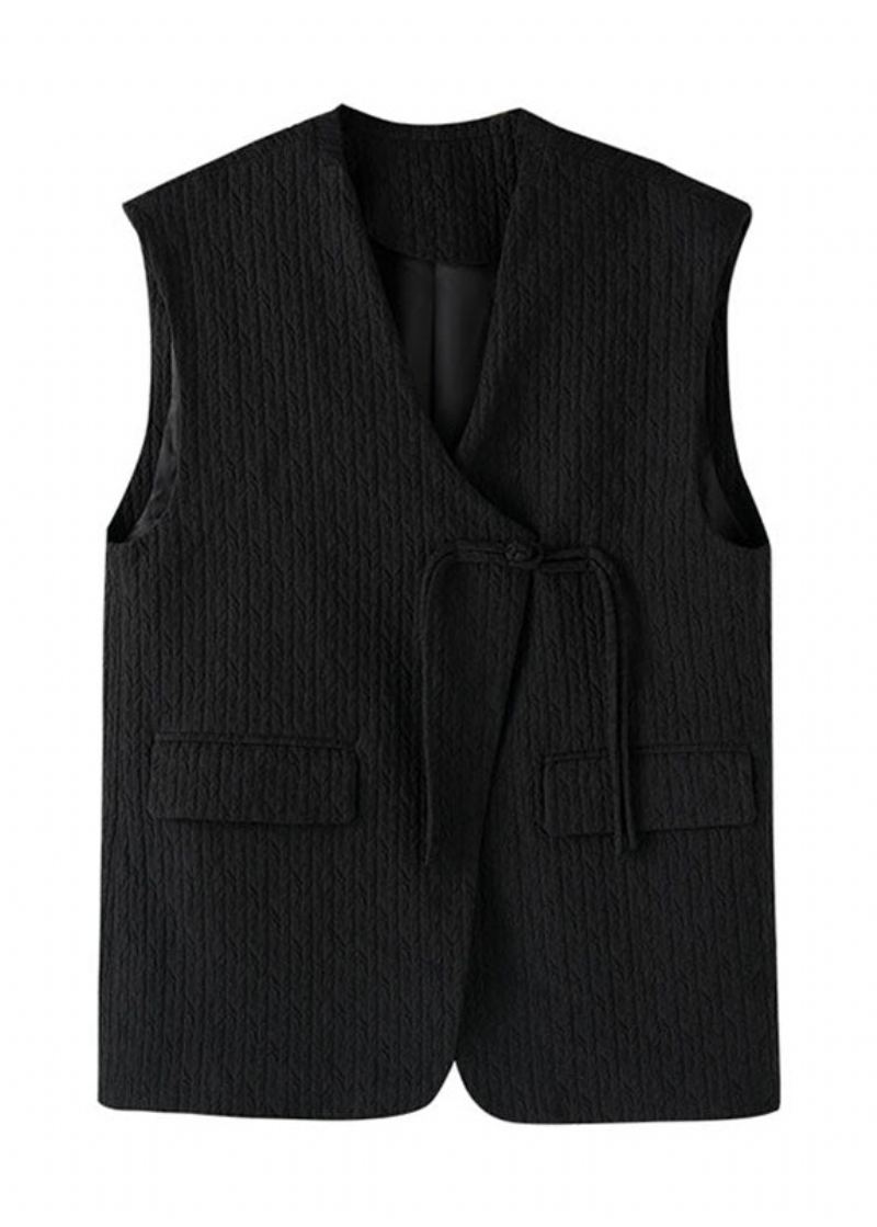 Gilet Confortable Bouton Col En V Noir Fait À La Main Automne - Manteaux d'hiver femmes