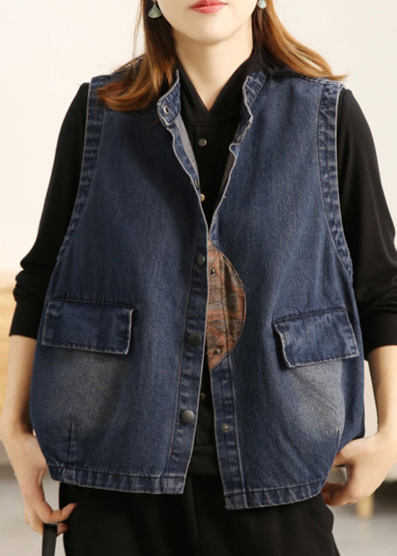 Gilet En Coton Ample Bleu Col Montant Imprimé Poches Boutonnées Sans Manches - Manteaux d'hiver femmes