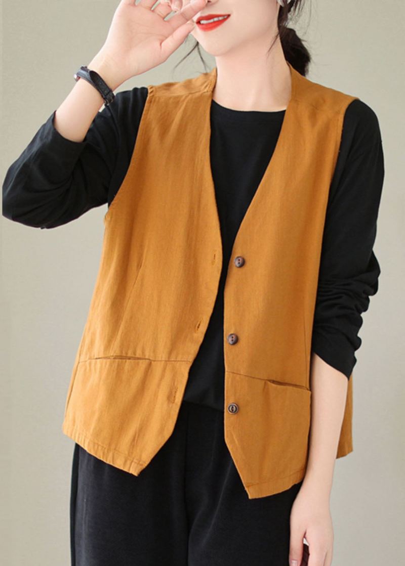 Gilet En Coton Bouton Patchwork Orange Fait Main Sans Manches - Orange