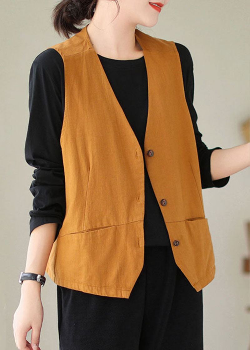 Gilet En Coton Bouton Patchwork Orange Fait Main Sans Manches - Orange