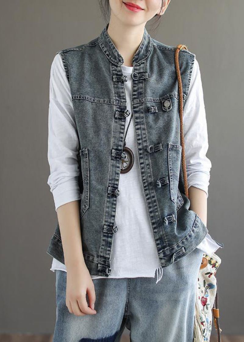 Gilet En Denim Bleu Naturel Col Montant Poches Patchwork Sans Manches