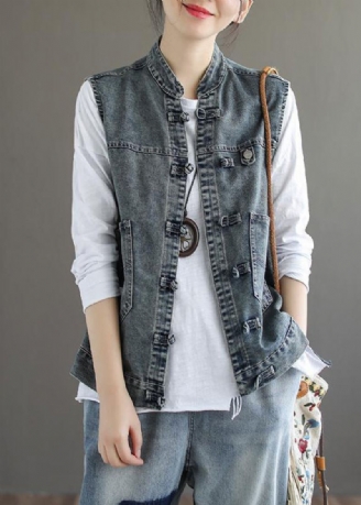 Gilet En Denim Bleu Naturel Col Montant Poches Patchwork Sans Manches