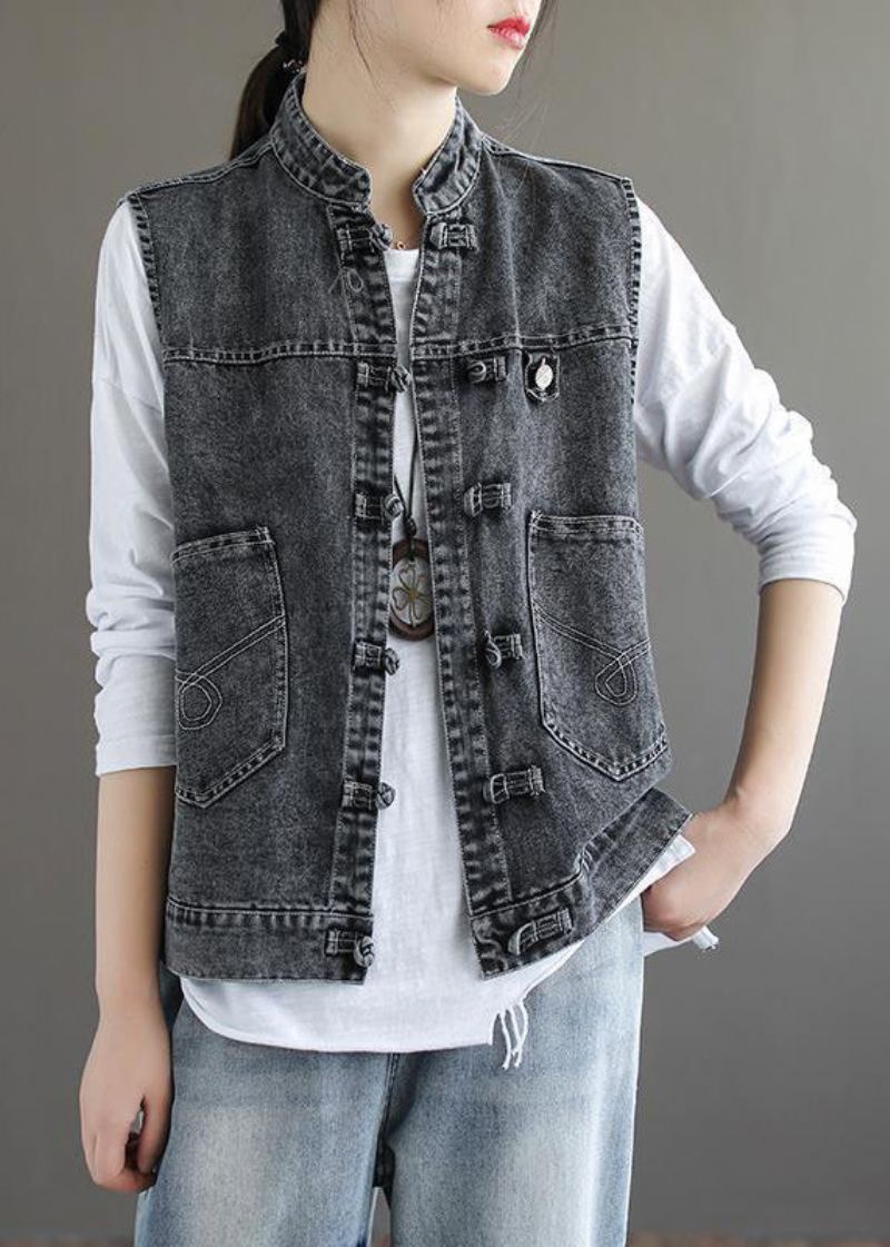 Gilet En Denim Bleu Naturel Col Montant Poches Patchwork Sans Manches - Bleu