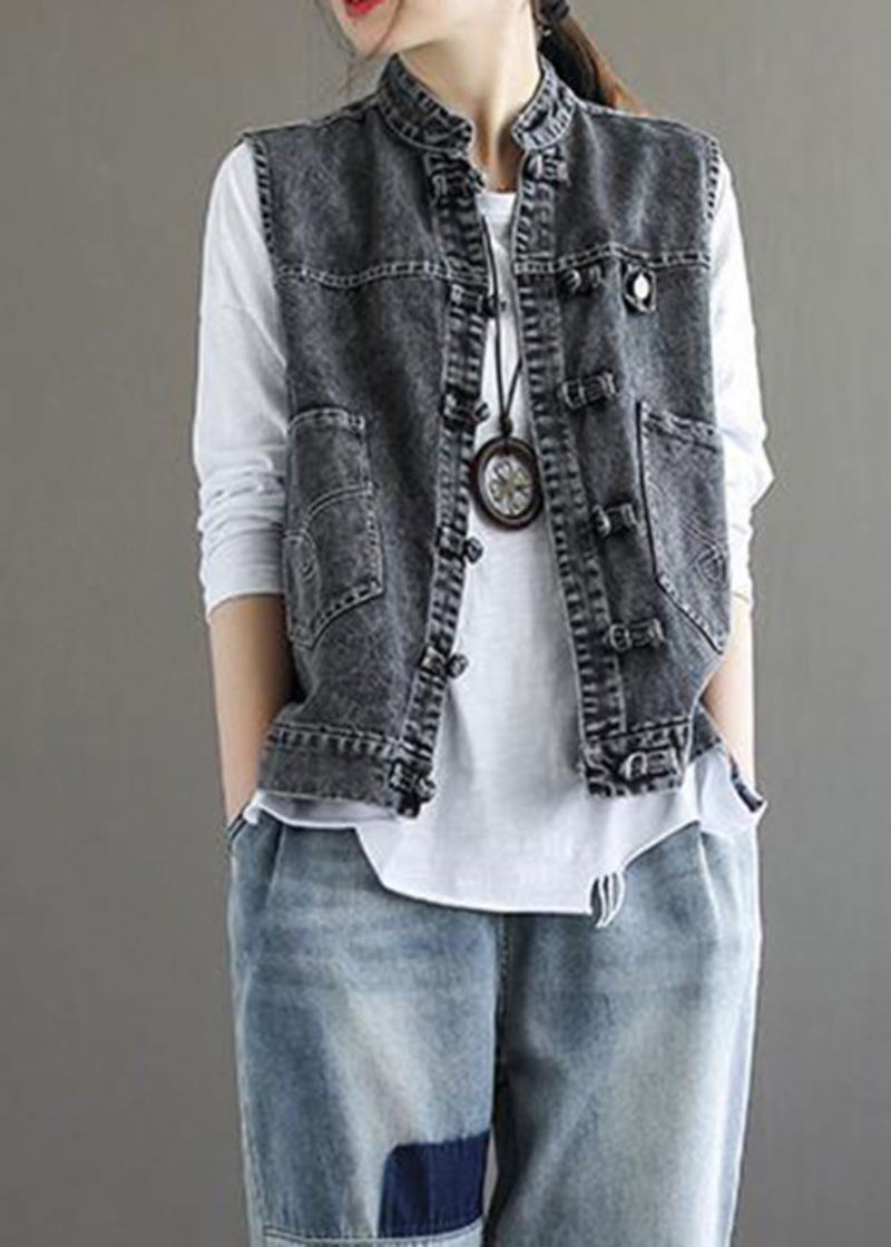 Gilet En Denim Bleu Naturel Col Montant Poches Patchwork Sans Manches - Bleu