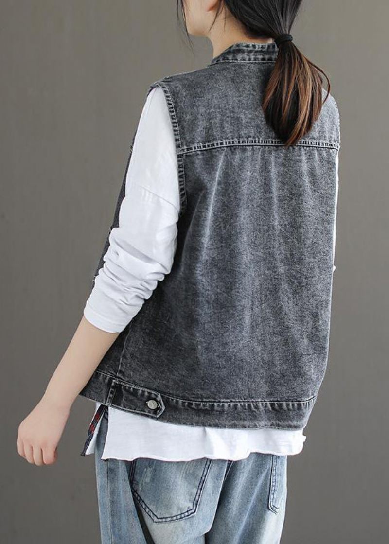 Gilet En Denim Bleu Naturel Col Montant Poches Patchwork Sans Manches - Bleu