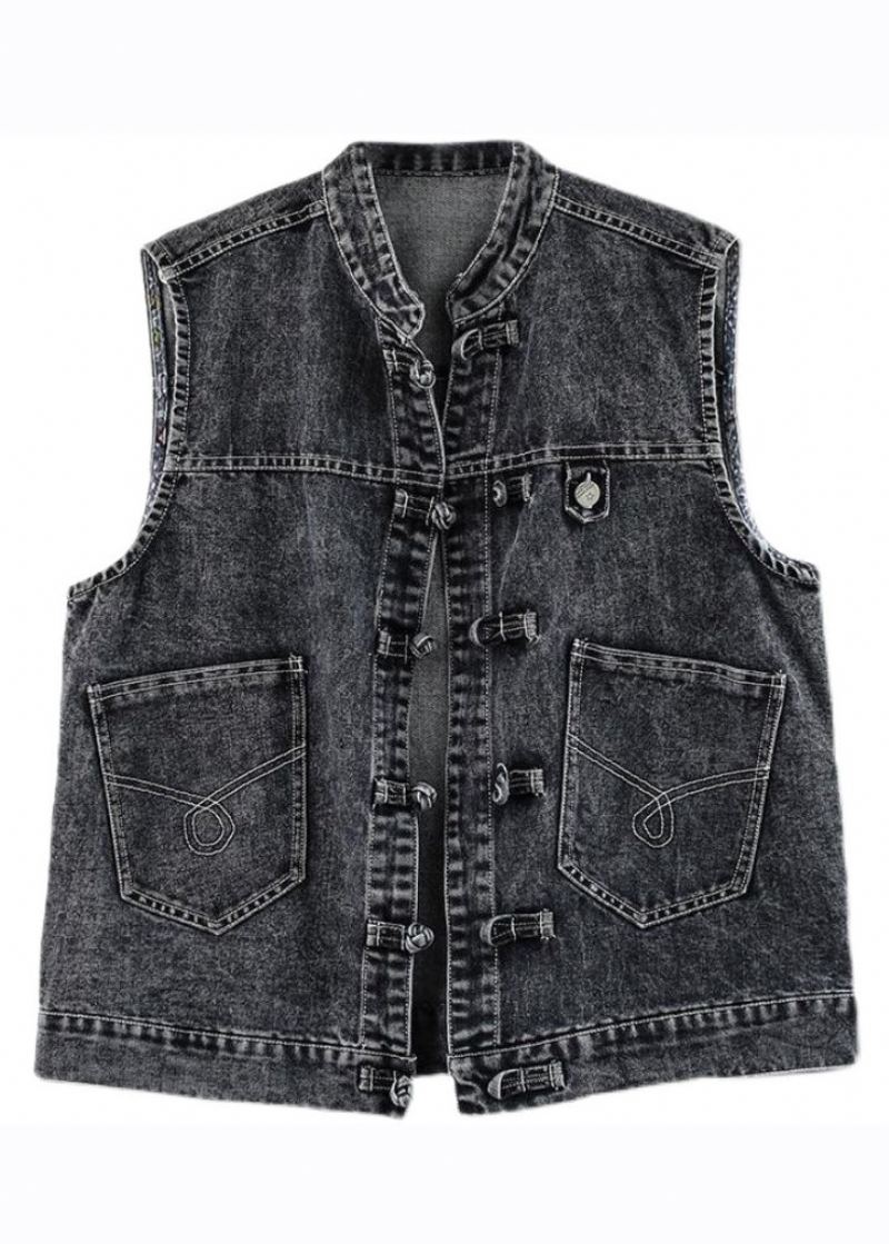 Gilet En Denim Bleu Naturel Col Montant Poches Patchwork Sans Manches - Bleu