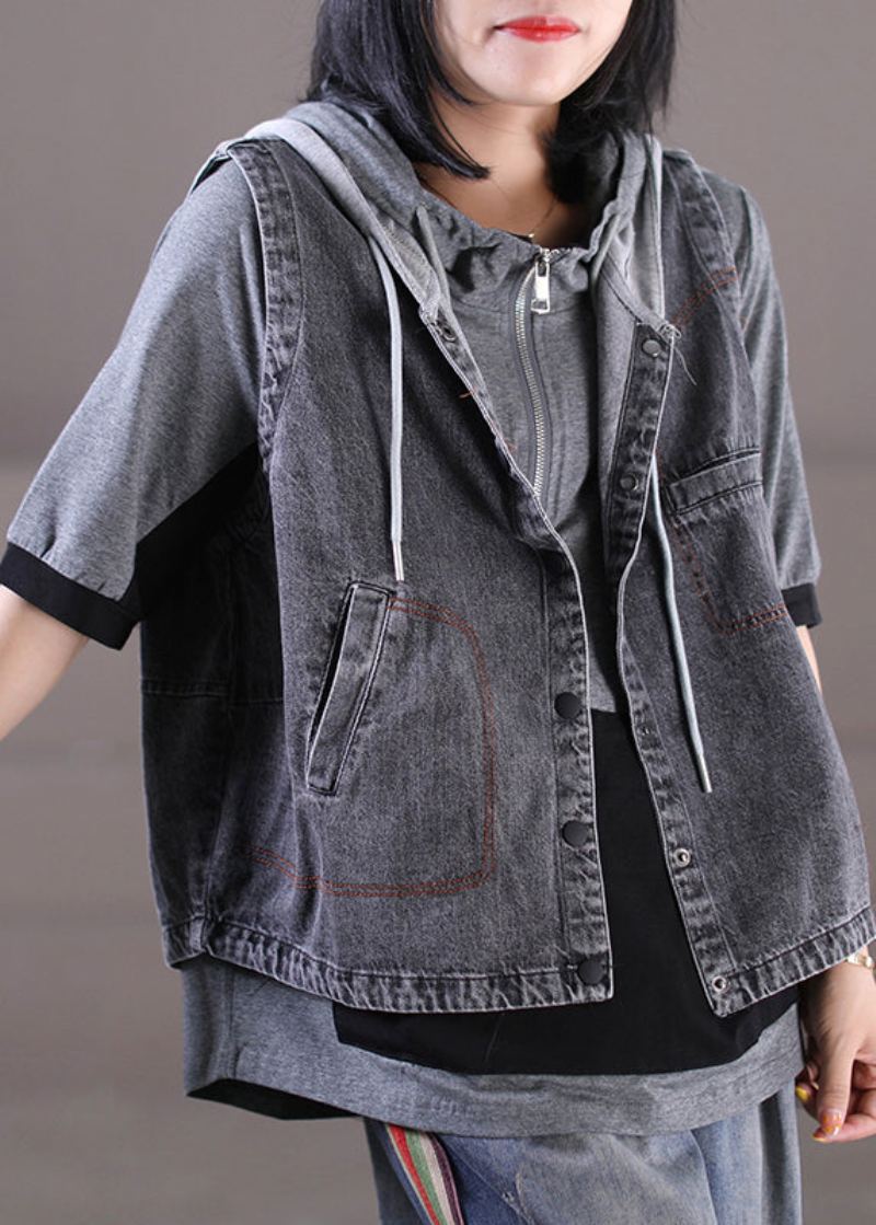 Gilet En Denim À Capuche Avec Bouton De Cordon De Serrage En Tricot Gris Ample Sans Manches - Manteaux d'hiver femmes