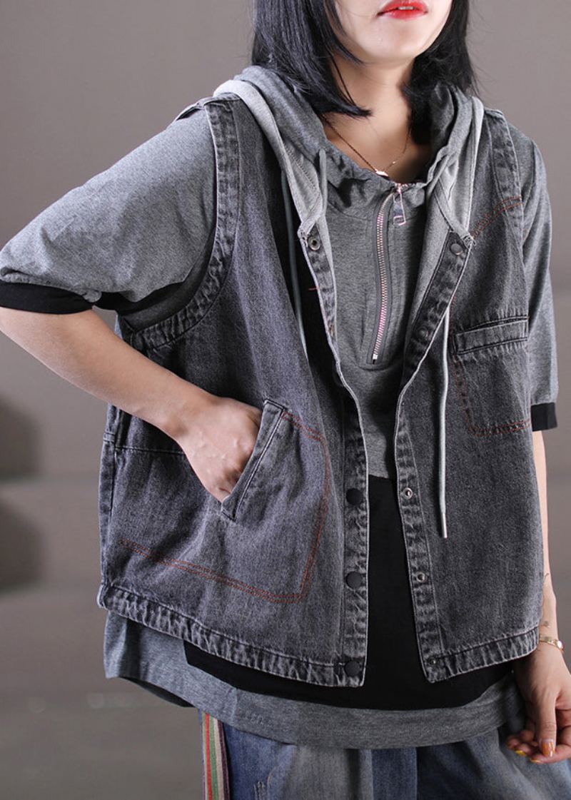 Gilet En Denim À Capuche Avec Bouton De Cordon De Serrage En Tricot Gris Ample Sans Manches - Manteaux d'hiver femmes