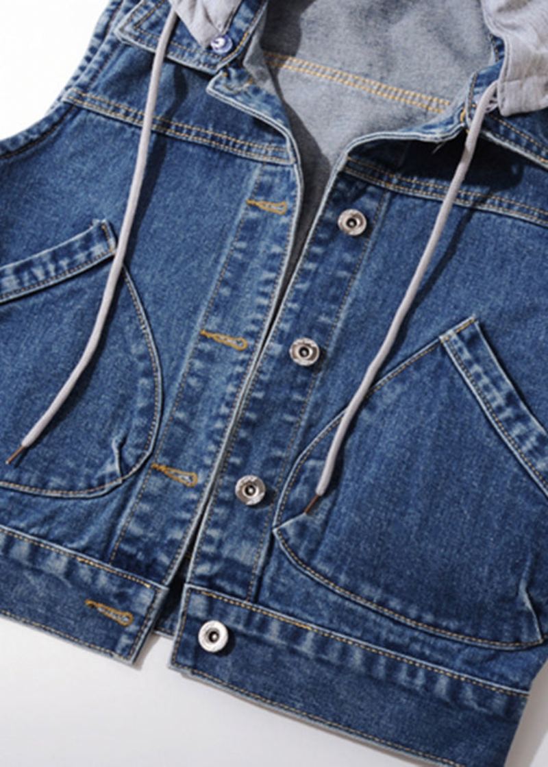 Gilet En Denim À Capuche Boutonné Patchwork Bleu Marine Sans Manches - Marine