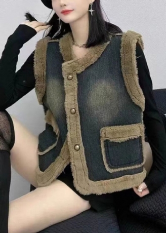 Gilet En Denim Épais Pour Femmes Poches À Boutons Bleu Marine Patchwork Sans Manches