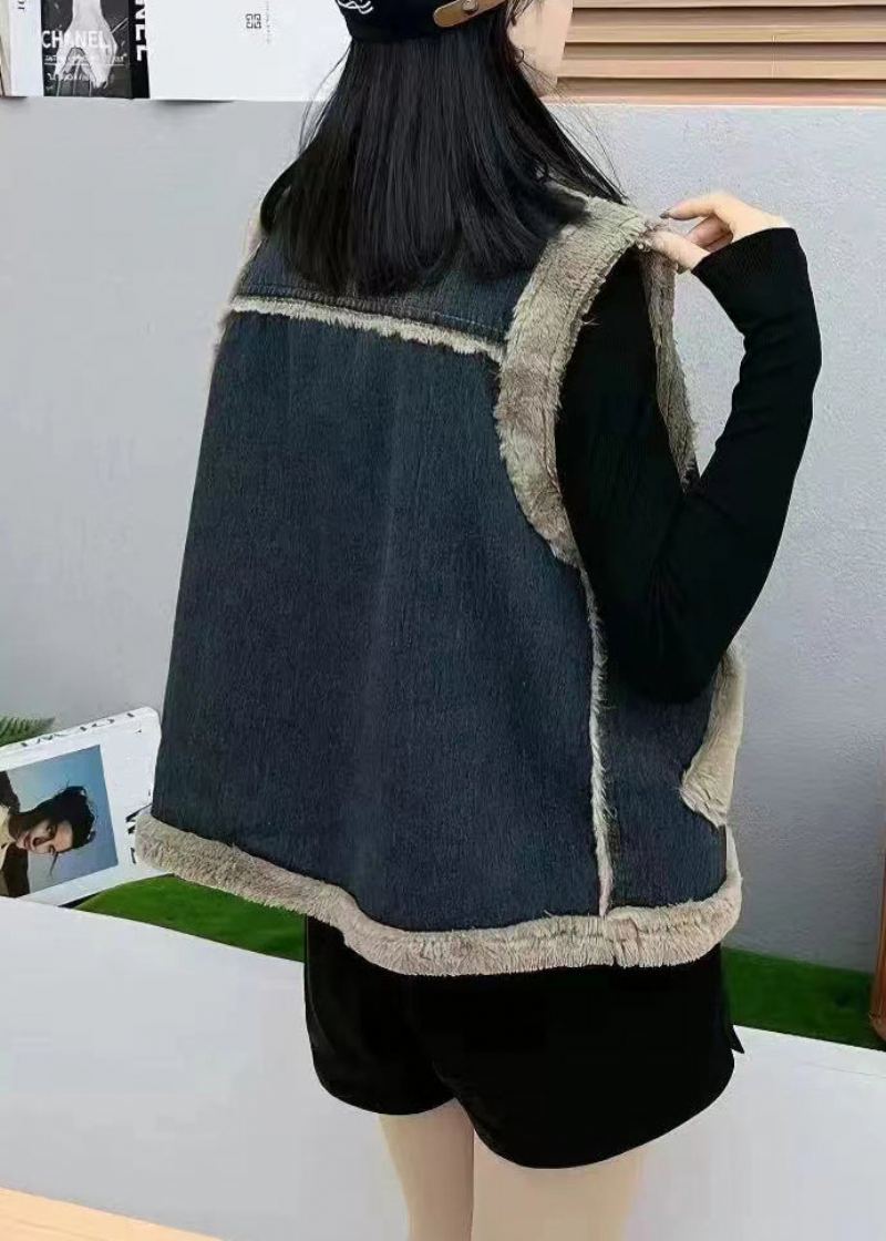 Gilet En Denim Épais Pour Femmes Poches À Boutons Bleu Marine Patchwork Sans Manches - Manteaux d'hiver femmes