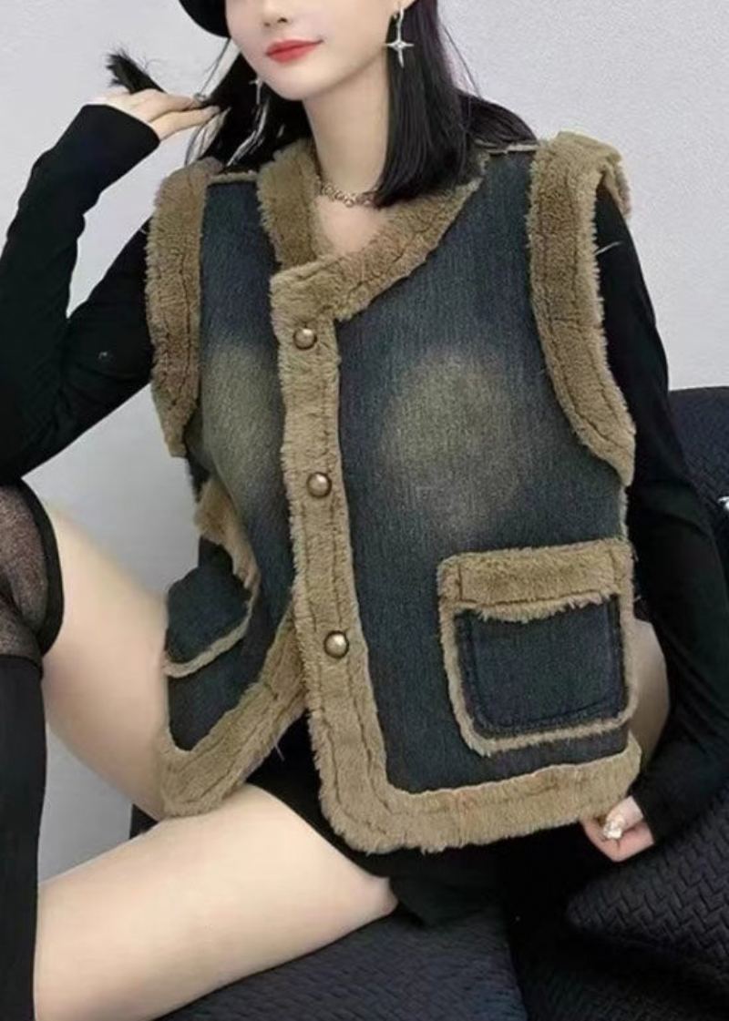 Gilet En Denim Épais Pour Femmes Poches À Boutons Bleu Marine Patchwork Sans Manches - Manteaux d'hiver femmes