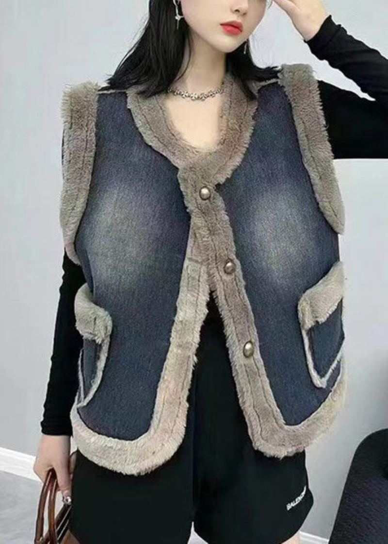 Gilet En Denim Épais Pour Femmes Poches À Boutons Bleu Marine Patchwork Sans Manches - Manteaux d'hiver femmes