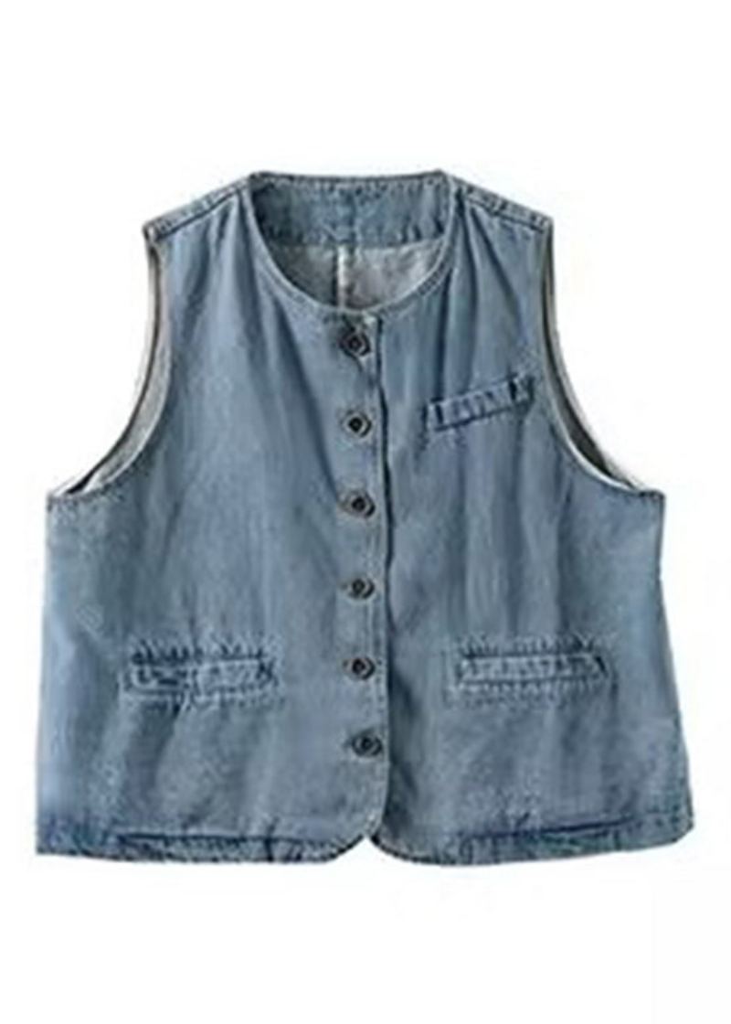 Gilet En Denim Patchwork Bleu Clair Automne - Bleu Clair