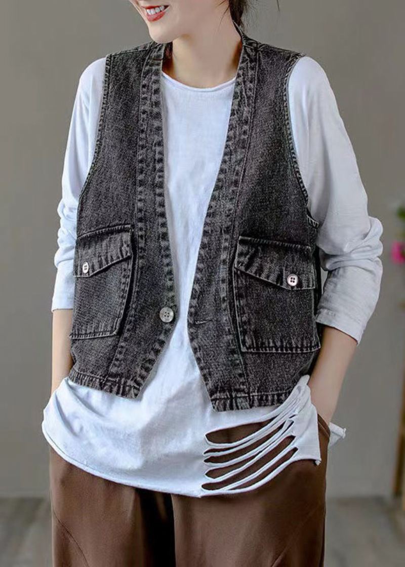 Gilet En Denim Patchwork Noir Chic Avec Poches À Col En V Automne