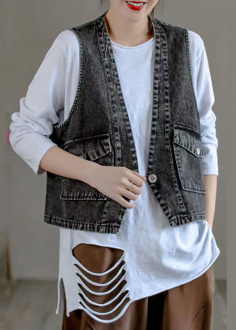 Gilet En Denim Patchwork Noir Chic Avec Poches À Col En V Automne - Manteaux d'hiver femmes