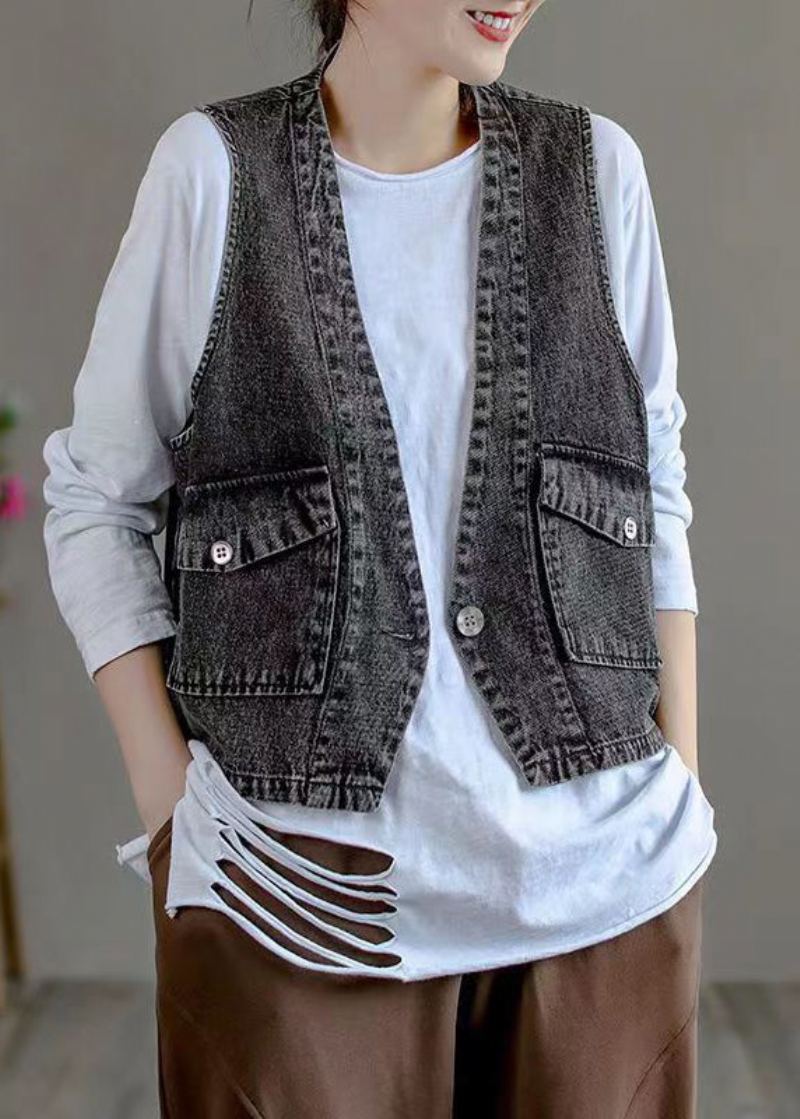 Gilet En Denim Patchwork Noir Chic Avec Poches À Col En V Automne - Manteaux d'hiver femmes