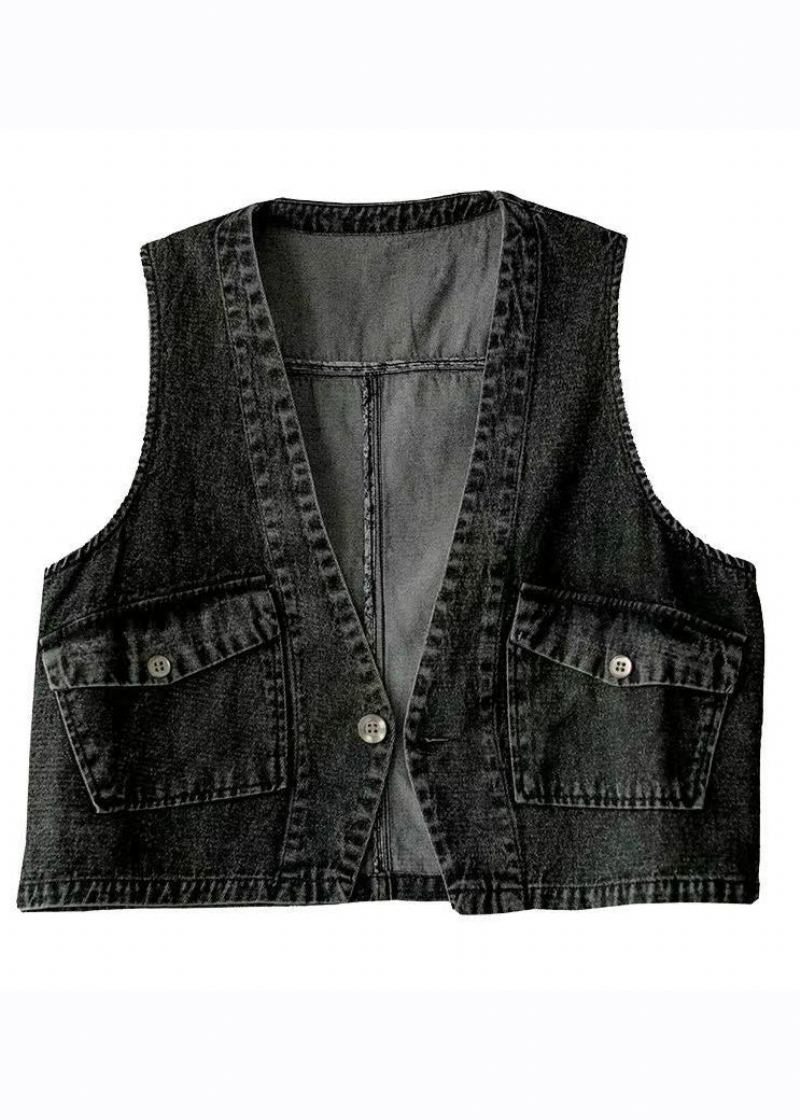 Gilet En Denim Patchwork Noir Chic Avec Poches À Col En V Automne - Manteaux d'hiver femmes