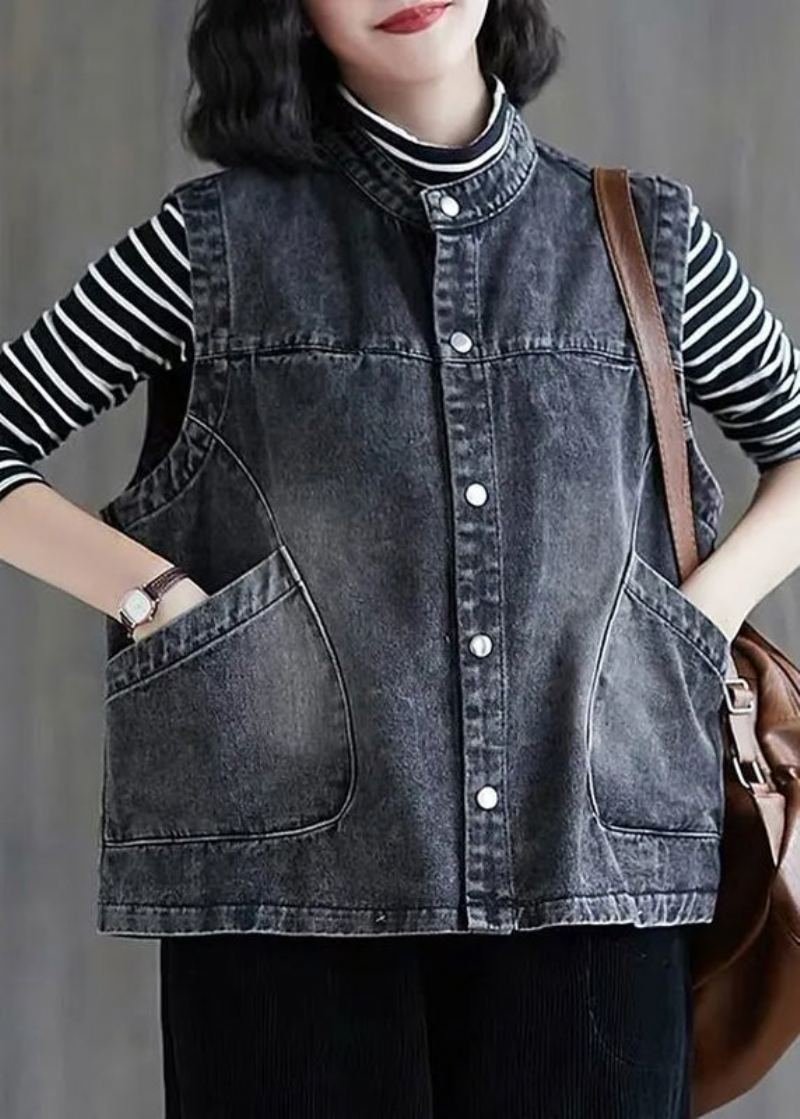 Gilet En Denim Sans Manches Ample Couleur Noir Et Gris Col Rond Poches À Boutons Patchwork - Couleur Gris Noir