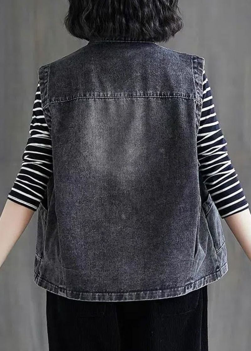 Gilet En Denim Sans Manches Ample Couleur Noir Et Gris Col Rond Poches À Boutons Patchwork - Couleur Gris Noir