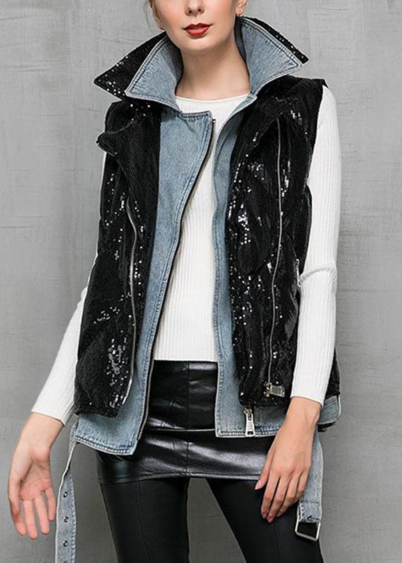 Gilet En Duvet De Canard Patchwork En Denim Noir Col Claudine Hiver