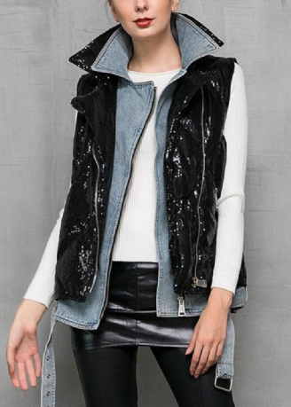 Gilet En Duvet De Canard Patchwork En Denim Noir Col Claudine Hiver