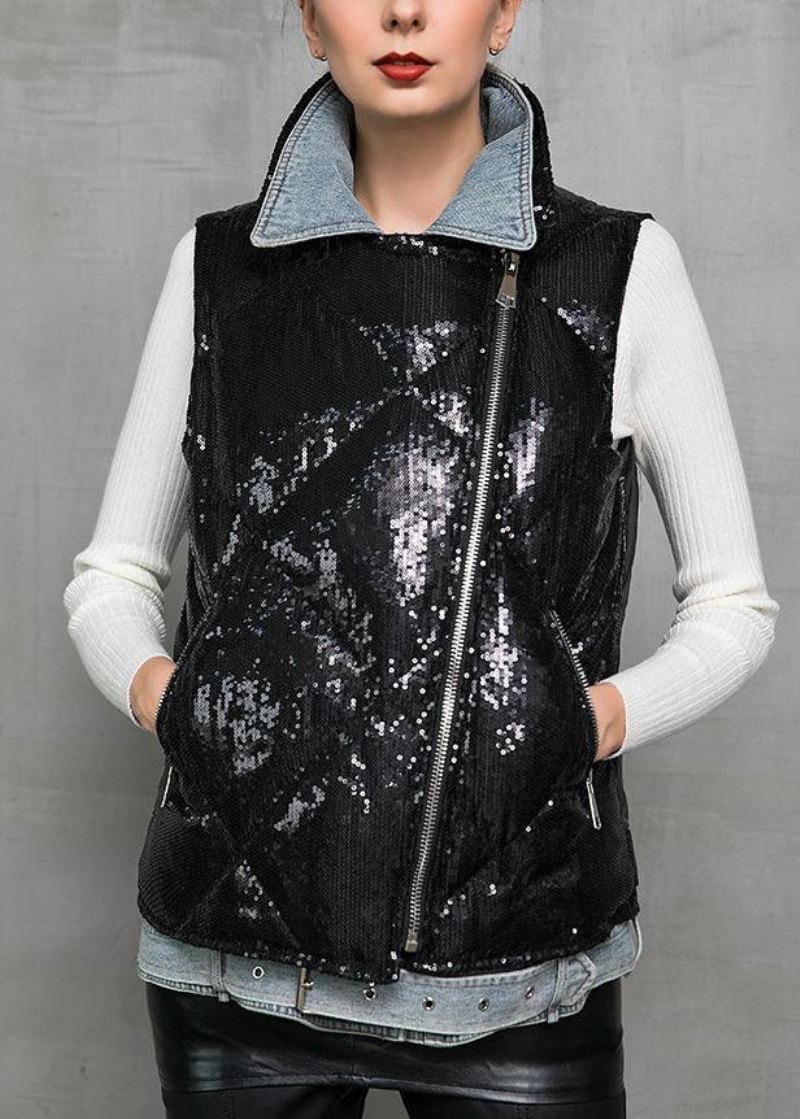 Gilet En Duvet De Canard Patchwork En Denim Noir Col Claudine Hiver - Manteaux d'hiver femmes