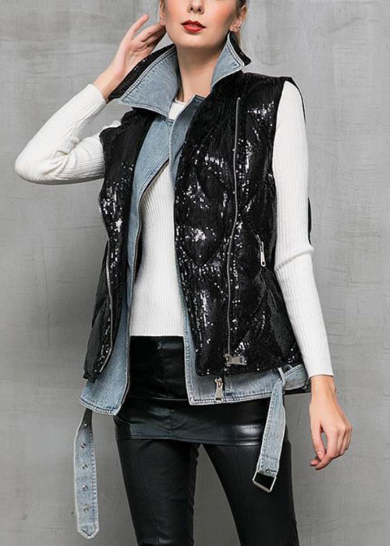 Gilet En Duvet De Canard Patchwork En Denim Noir Col Claudine Hiver - Manteaux d'hiver femmes