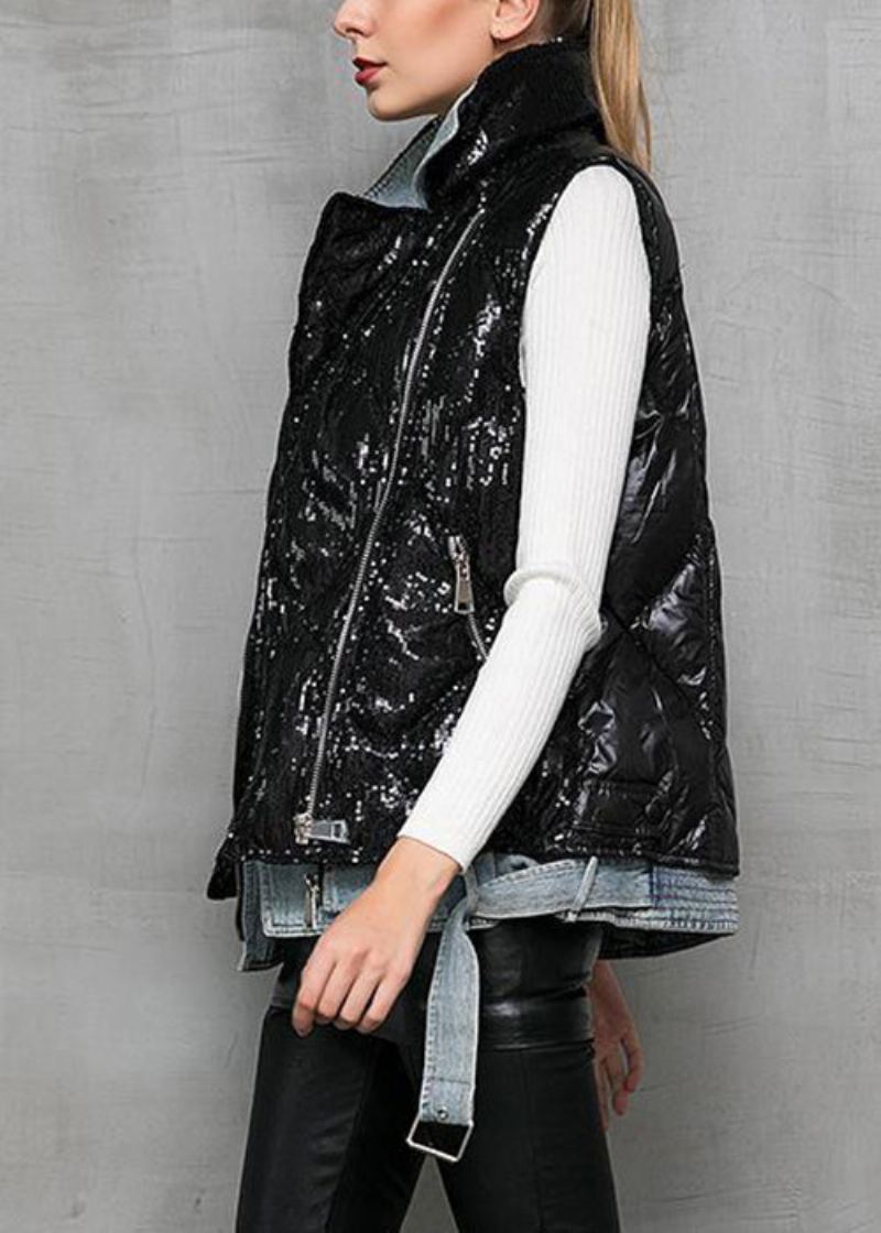 Gilet En Duvet De Canard Patchwork En Denim Noir Col Claudine Hiver - Manteaux d'hiver femmes