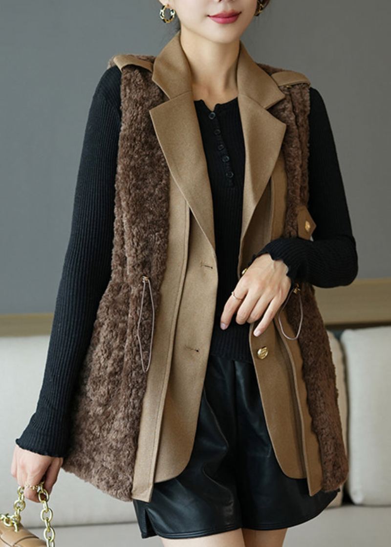 Gilet En Fausse Fourrure À Boutons Patchwork Cranté Chocolat Fin Automne - Manteaux d'hiver femmes