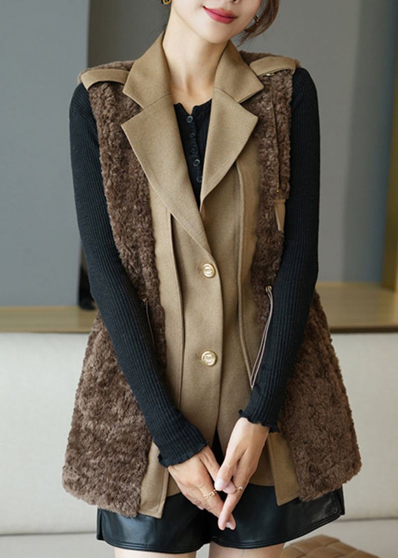 Gilet En Fausse Fourrure À Boutons Patchwork Cranté Chocolat Fin Automne - Manteaux d'hiver femmes