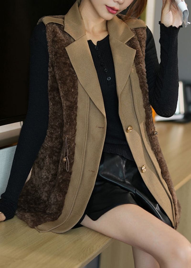 Gilet En Fausse Fourrure À Boutons Patchwork Cranté Chocolat Fin Automne - Manteaux d'hiver femmes