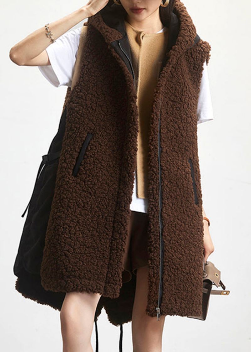 Gilet En Fausse Fourrure À Capuche Ample Café Fermeture Éclair Patchwork Teddy Sans Manches - Manteaux d'hiver femmes